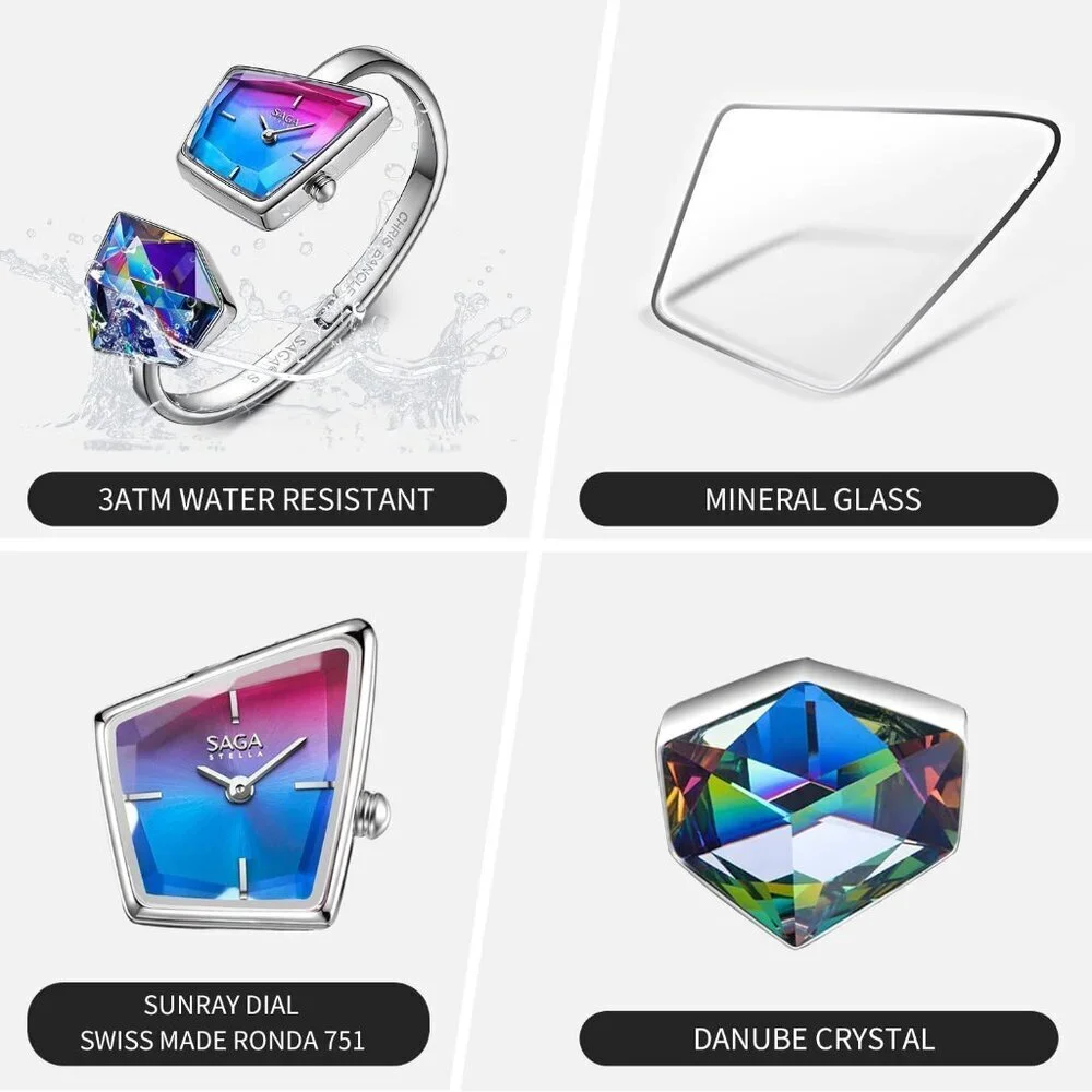 Women's Red Blue Cuff Bangle Quartz Watch Shaped Mineral Case Stainless Steel